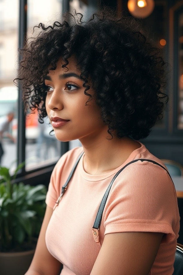 Soft Curly Bob with Side Sweep, natural curly hairstyle, curly bob haircut