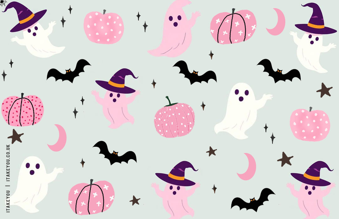 Soft Pastel Halloween with Pink Pumpkins Wallpaper , Halloween wallpaper, preppy Halloween wallpaper