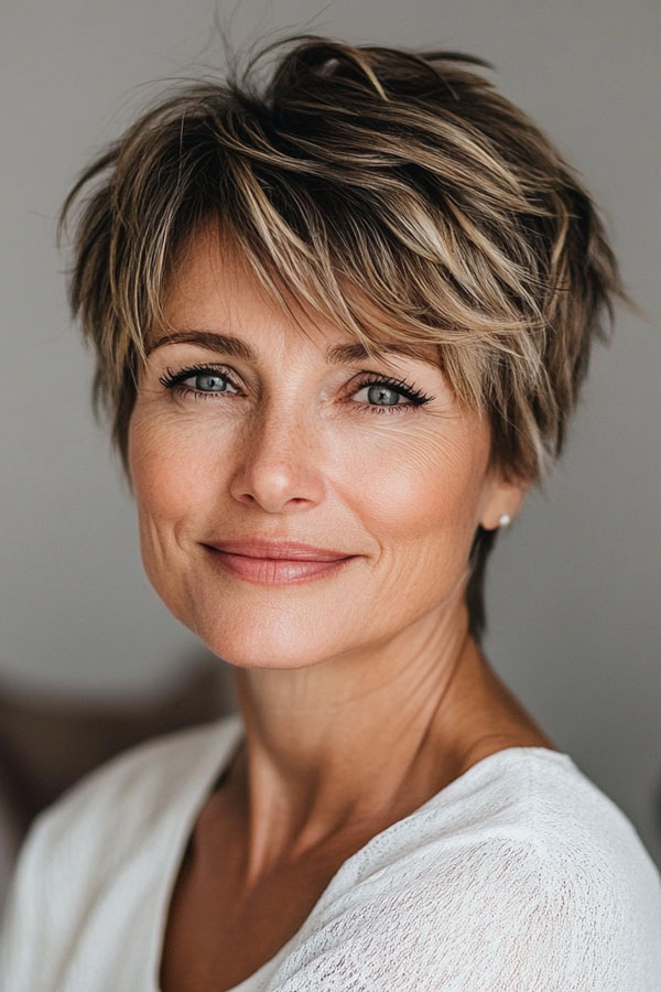 Softly Textured Choppy Pixie, low-maintenance choppy pixie haircut for women over 50