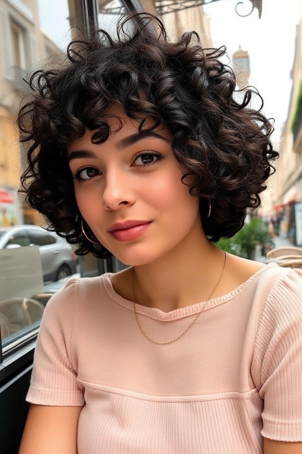 Sophisticated Dark Curls with Short Bangs, curly haircut with fringe, curly hairstyle with bangs