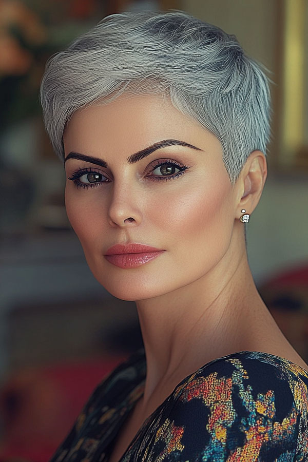 Sophisticated Silver Pixie, pixie haircut for women over 50 