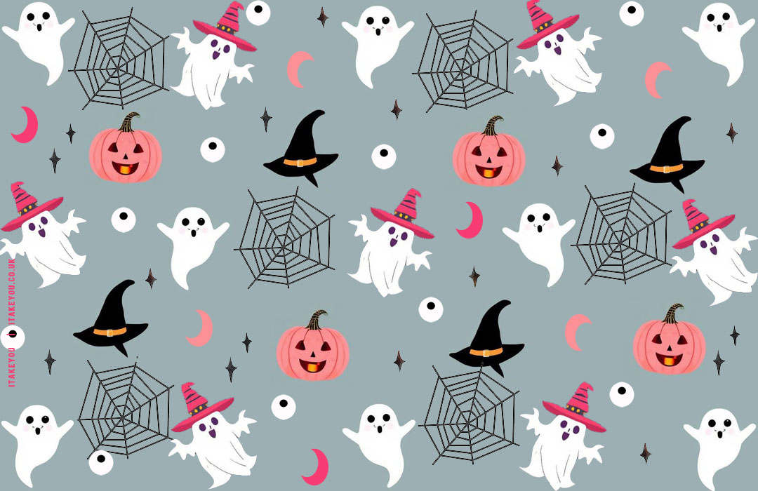 Spooky Yet Sweet Halloween Wallpaper Light Grey Background, Halloween wallpaper, preppy Halloween wallpaper