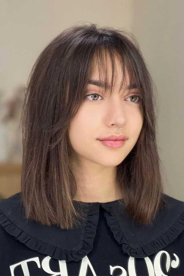 Straight Bob with Wispy Bangs, long bob haircut, shoulder length bob hairstyle