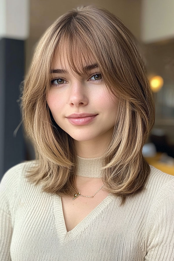 Straight Layers with Curtain Bangs, shoulder length haircut with fringe