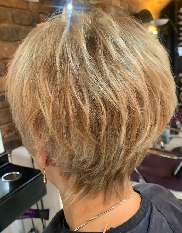 Sun-Kissed Blonde Choppy Pixie, layered pixie haircut for women over 50