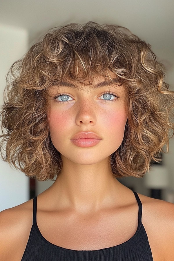 Sun-Kissed Tousled Curls with Bangs, curly haircut with fringe, curly hairstyle with bangs