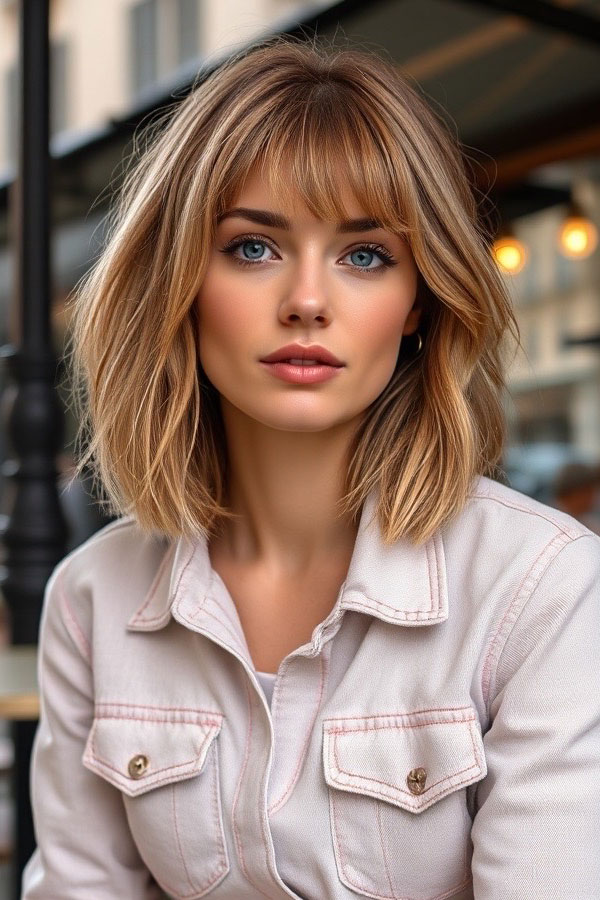 Textured Blonde Bob with Wispy Bangs, shoulder length bob hairstyle