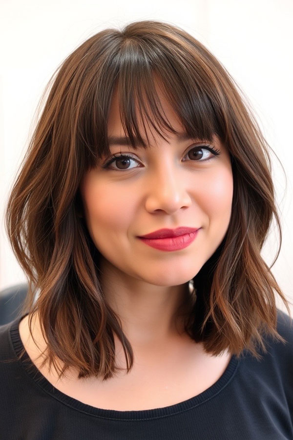 Textured Bob with Wispy Bangs, shoulder length bob haircut 