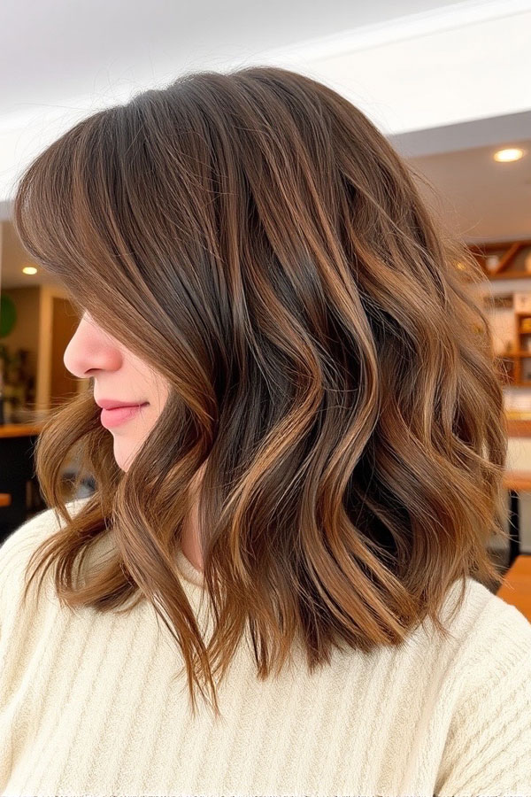 Textured Brunette Bob with Caramel Balayage