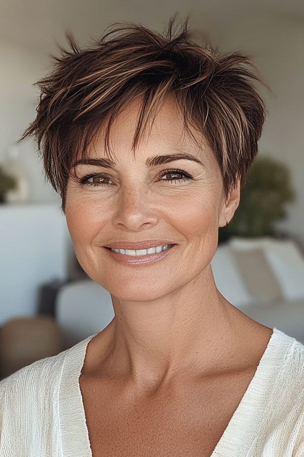 Textured Brunette Choppy Pixie, low-maintenance choppy pixie haircut for women over 50