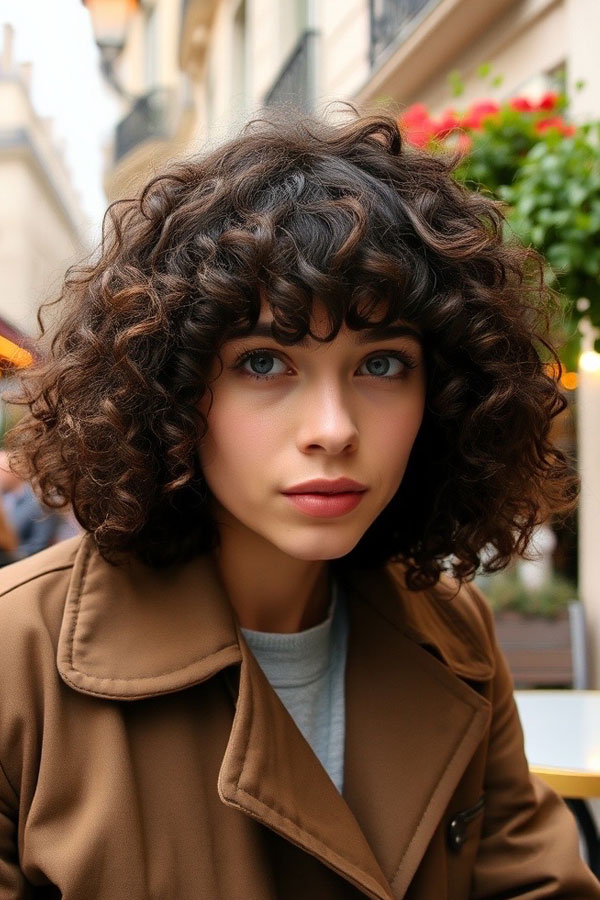 Textured Curly Bob with Tousled Bangs, curly haircut with fringe, curly hairstyle with bangs