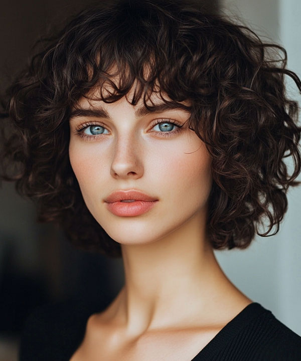 Textured Curly Bob with Wispy Bangs, natural curly hairstyle, curly bob haircut