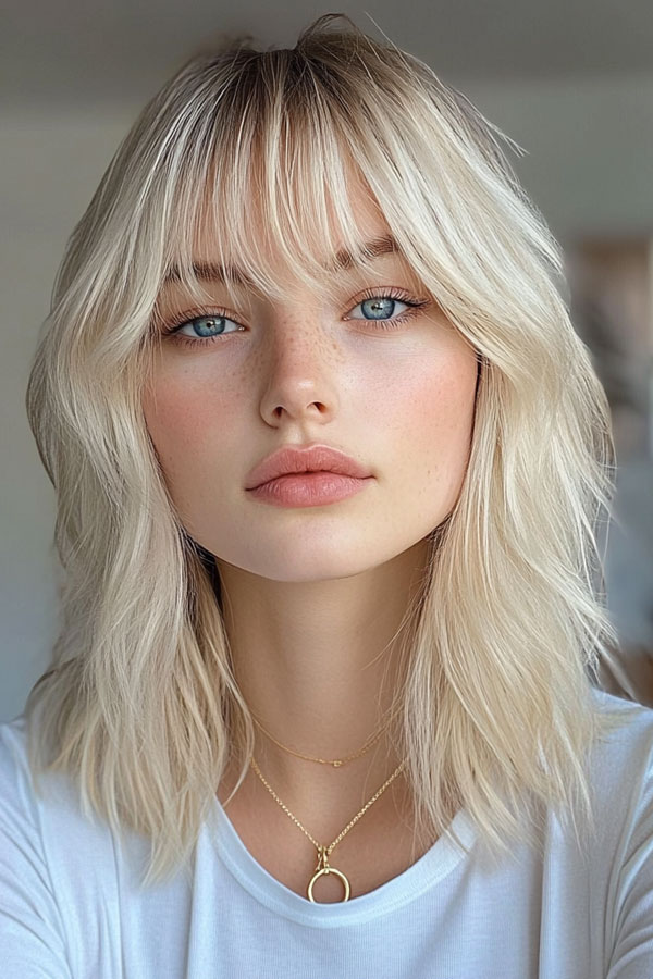 Textured Platinum Waves with Wispy Bangs, shoulder length haircut with fringe