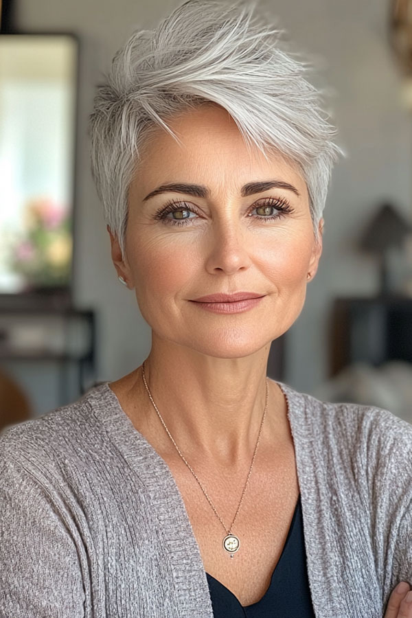 Textured Silver Pixie, short haircut for women over 50