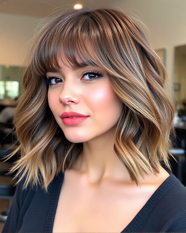 Textured Waves with Feathered Bangs, shoulder length haircut with fringe