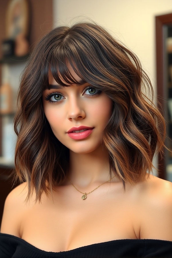 Textured Waves with Full Fringe, shoulder length haircut with fringe