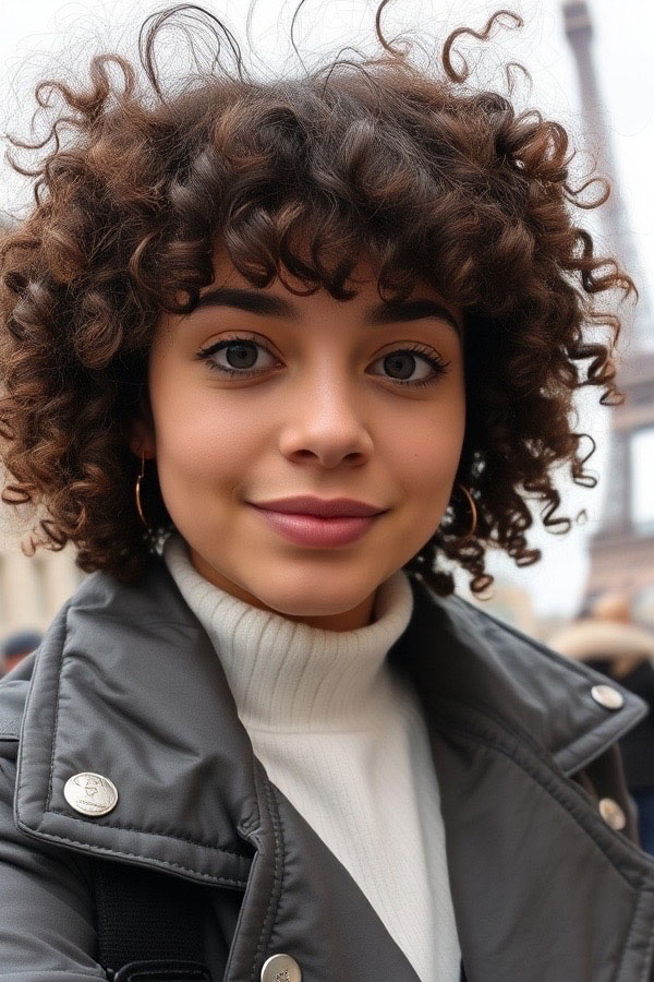 Tight Curls with Full Bangs, natural curly hair with bangs