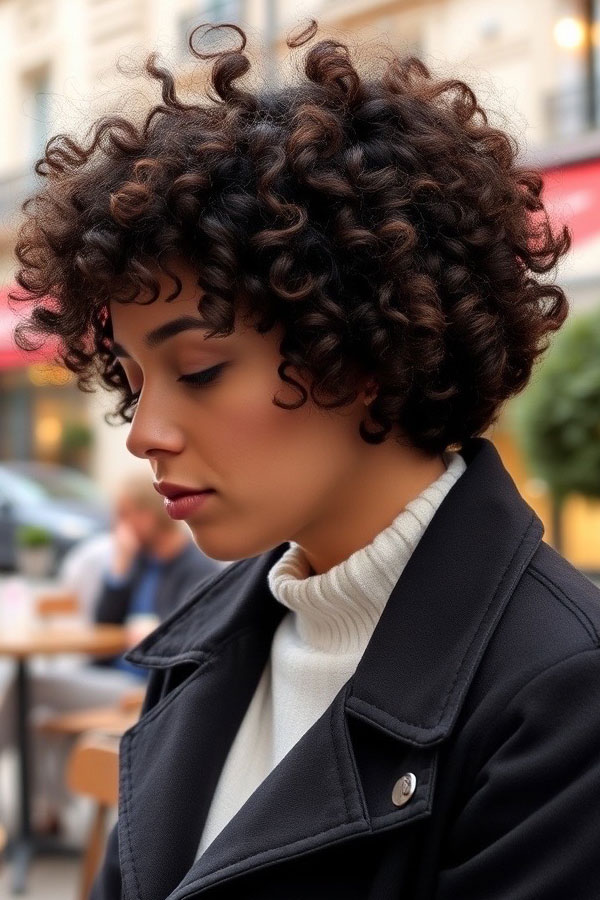 Tight Curly Bob with Subtle Highlights, natural curly hairstyle, curly bob haircut