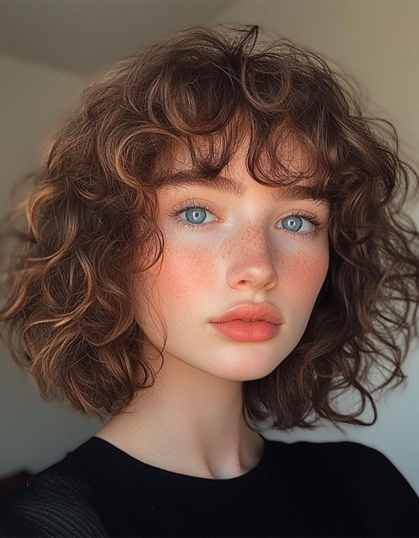 Tousled Brown Curls with Feathered Bangs, curly haircut with fringe, curly hairstyle with bangs