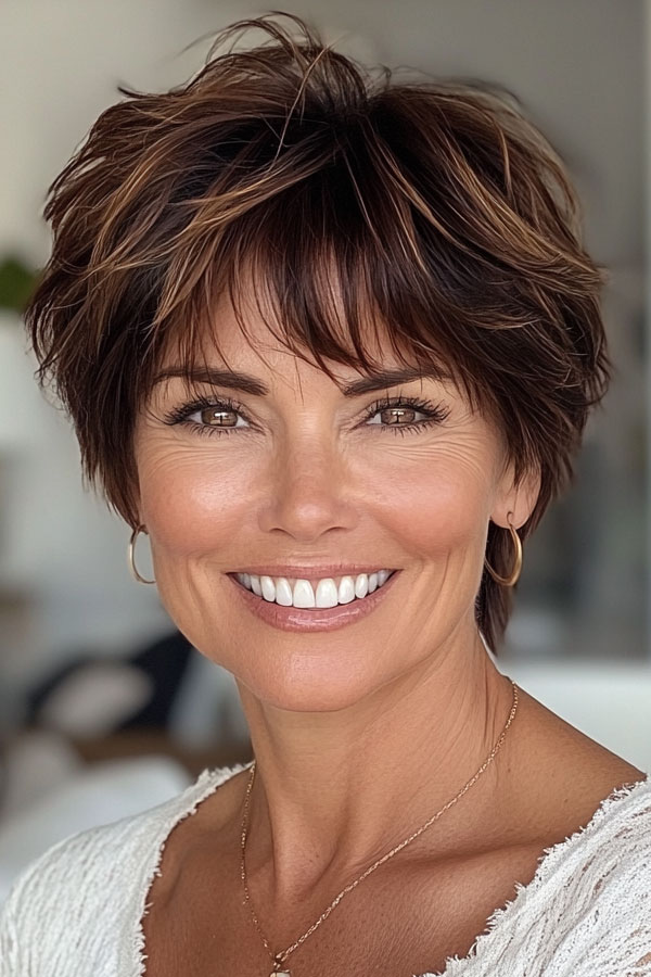 Tousled Brunette Choppy Pixie, low-maintenance choppy pixie haircut for women over 50