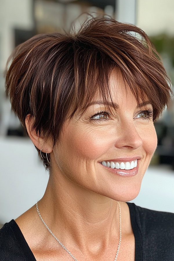 Tousled Brunette Pixie, pixie haircut for women over 50