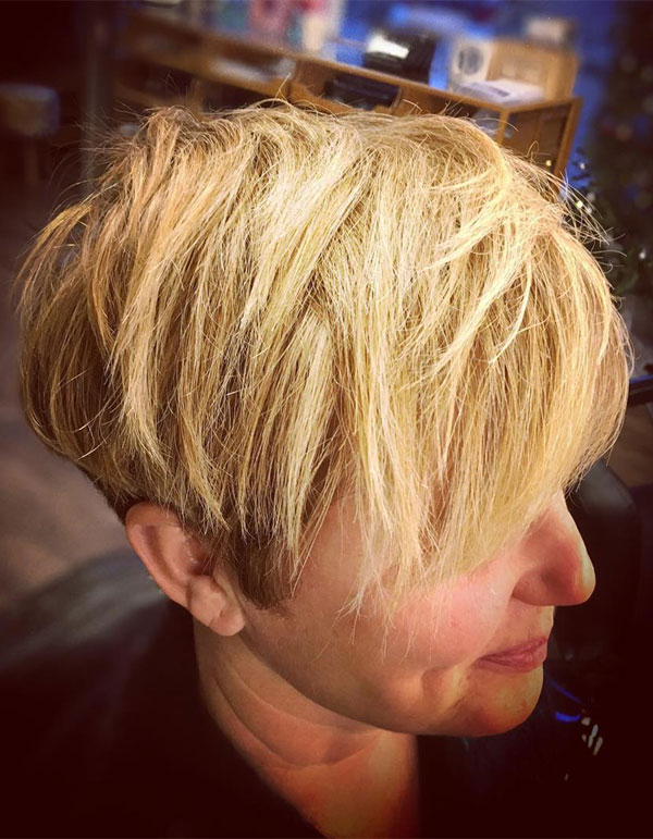 Tousled Golden Blonde Long Choppy Pixie, low-maintenance choppy pixie haircut for women over 50