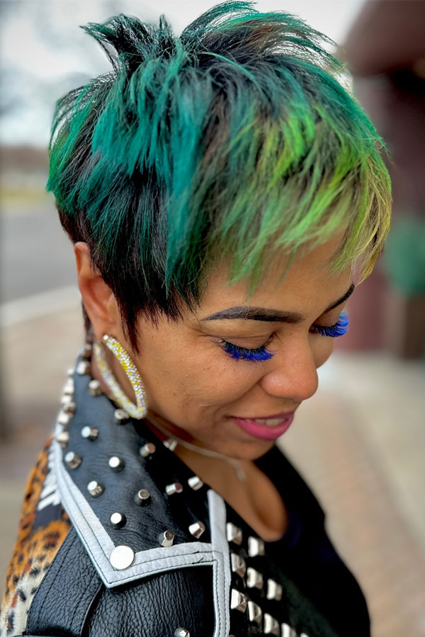 Vivid Green Choppy Pixie, low-maintenance choppy pixie haircut for women over 50