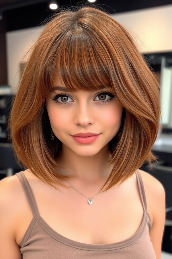 Voluminous Auburn Bob with Blunt Bangs