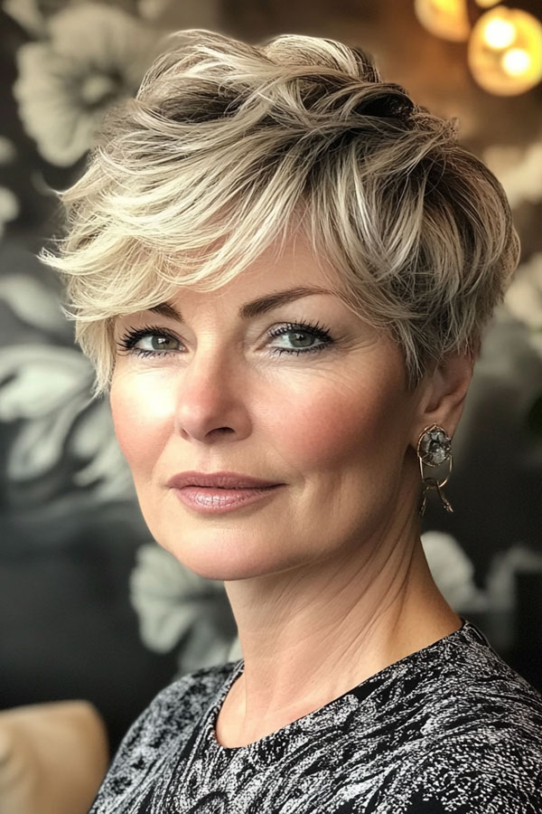 Voluminous Blonde Choppy Pixie, low-maintenance choppy pixie haircut for women over 50