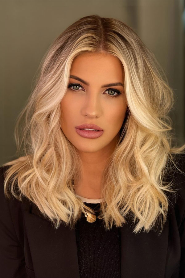 Voluminous Blonde Waves with Middle Part, shoulder length bob hairstyle