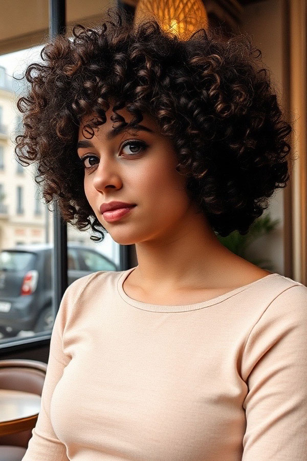 Voluminous Curly Afro, natural curly hairstyle, curly bob haircut