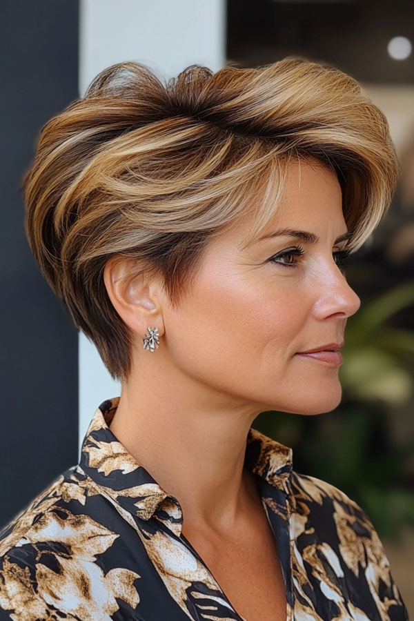 Voluminous Layered Pixie, short haircut for women over 50