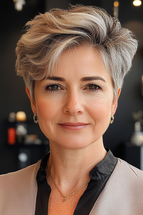 Voluminous Silver Pixie, layered pixie haircut, pixie haircut for women over 50