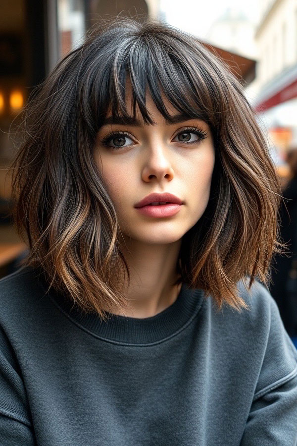 Voluminous Textured Bob with Full Bangs, shoulder length haircut with fringe