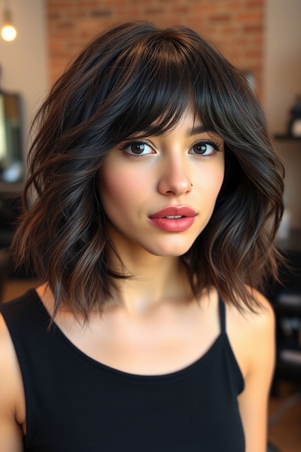 Voluminous Waves with Full Bangs, shoulder length haircut with fringe