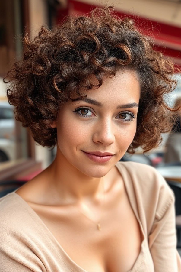 Warm Brown Curly Pixie, natural curly hairstyle, curly bob haircut