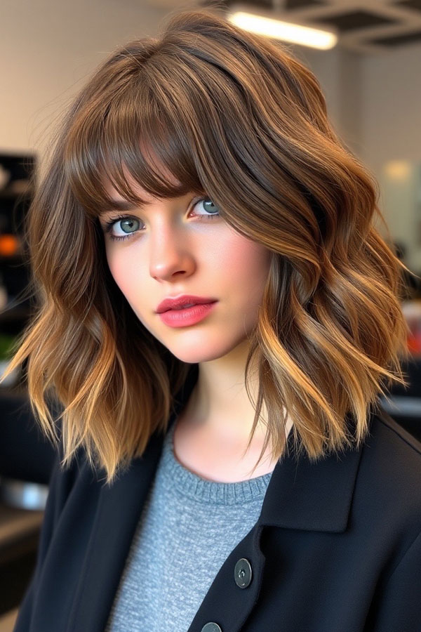 Wavy Lob with Soft Bangs, shoulder length haircut with fringe