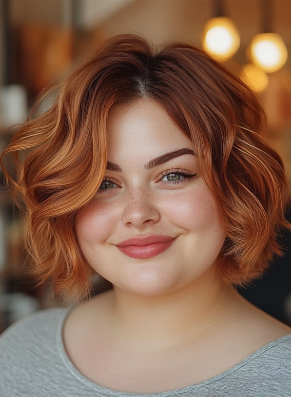 33 Flattering Short Haircuts for Chubby Women : Warm Copper Waves for a Radiant Glow