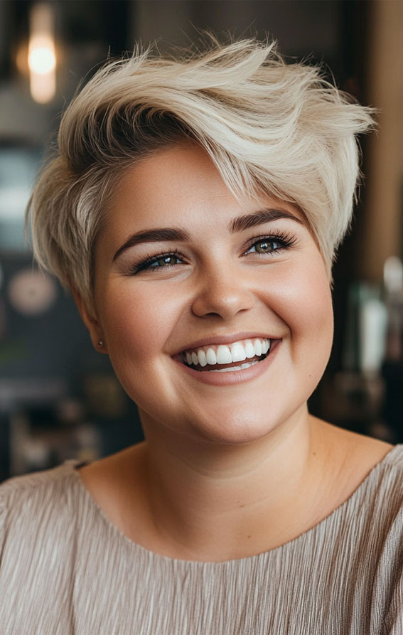 Edgy Platinum Pixie for a Bold Statement, Flattering Short Haircuts for Chubby Women, Chic Short Haircuts for Plus-Size Women, short haircut for round faces, short haircuts for full faces, Best Short Hairstyles for Chubby Faces