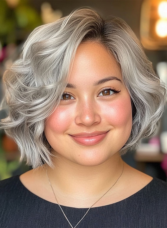 33 Flattering Short Haircuts for Chubby Women : Silver Wavy Bob for a Modern Look