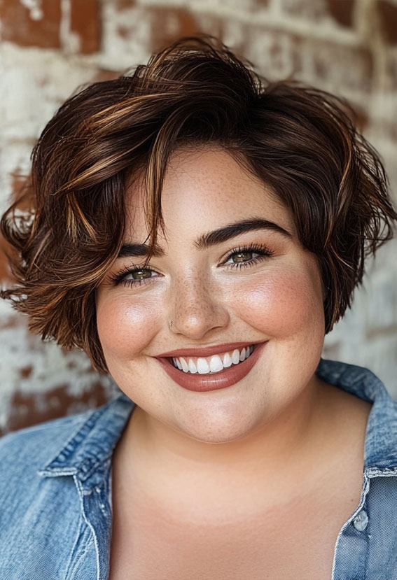 33 Flattering Short Haircuts for Chubby Women : Tousled Pixie with Subtle Highlights