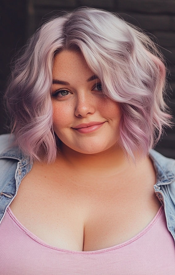 Soft Pastel Wavy Bob for a Dreamy Look, Flattering Short Haircuts for Chubby Women, Chic Short Haircuts for Plus-Size Women, short haircut for round faces, short haircuts for full faces, Best Short Hairstyles for Chubby Faces