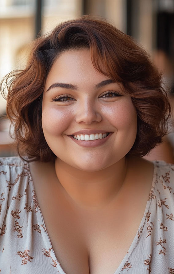 Soft Curled Bob for a Natural Look, Flattering Short Haircuts for Chubby Women, Chic Short Haircuts for Plus-Size Women, short haircut for round faces, short haircuts for full faces, Best Short Hairstyles for Chubby Faces