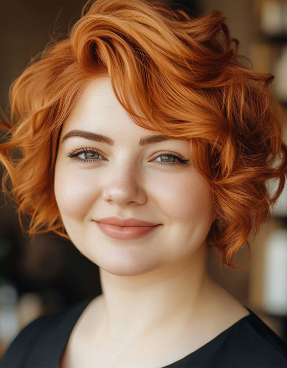 33 Flattering Short Haircuts for Chubby Women : Fiery Red Curly Bob