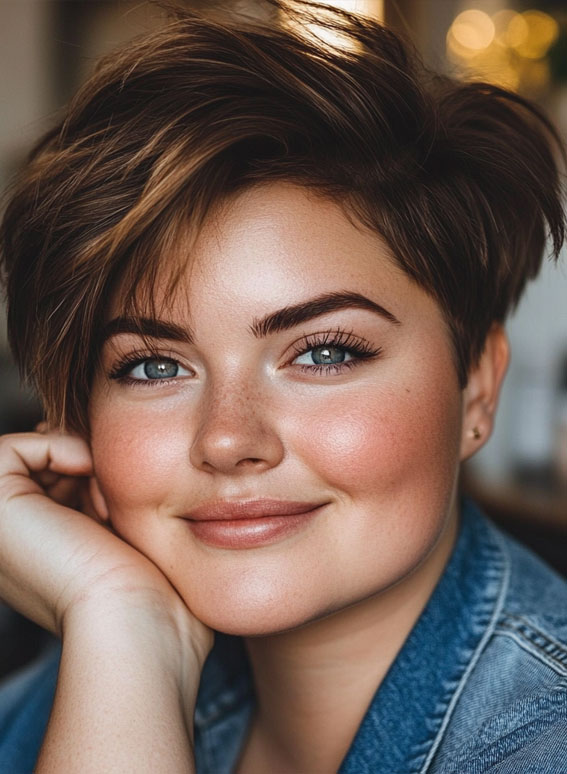 33 Flattering Short Haircuts for Chubby Women : Warm Brown Voluminous Pixie with Highlights