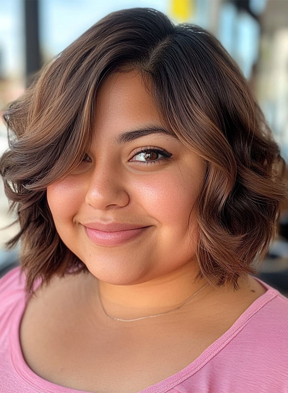 Soft Wavy Bob for a Sweet Look, Flattering Short Haircuts for Chubby Women, Chic Short Haircuts for Plus-Size Women, short haircut for round faces, short haircuts for full faces, Best Short Hairstyles for Chubby Faces