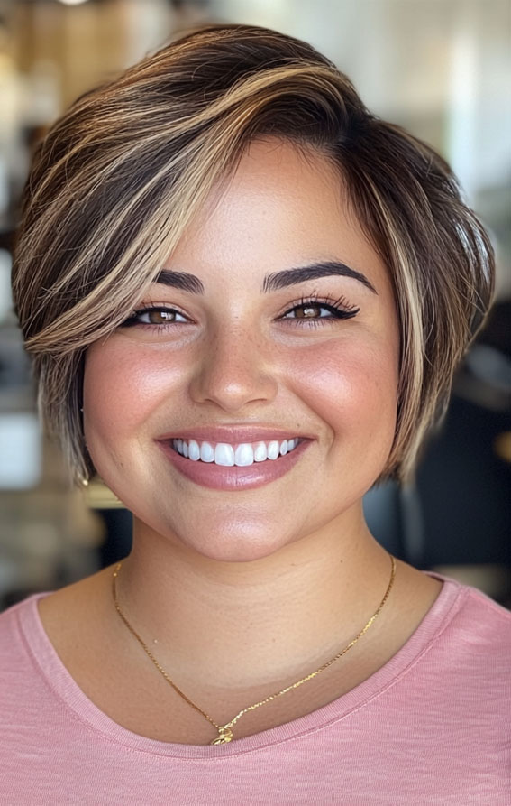 Sleek Side-Swept Bob for a Polished Look, Flattering Short Haircuts for Chubby Women, Chic Short Haircuts for Plus-Size Women, short haircut for round faces, short haircuts for full faces, Best Short Hairstyles for Chubby Faces