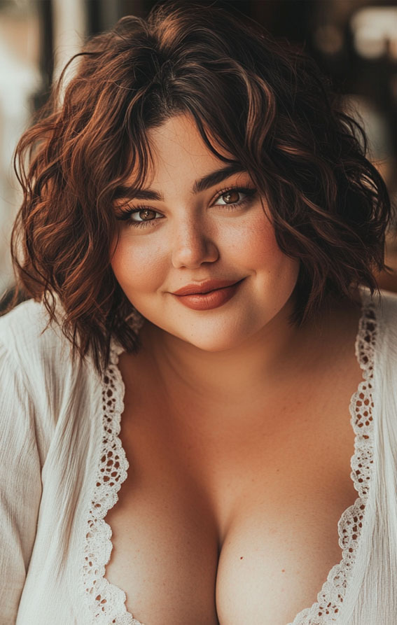 Tousled Curly Bob for a Romantic Vibe, Flattering Short Haircuts for Chubby Women, Chic Short Haircuts for Plus-Size Women, short haircut for round faces, short haircuts for full faces, Best Short Hairstyles for Chubby Faces