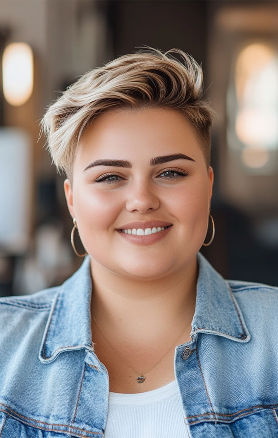 Edgy Undercut Pixie for a Bold Look, Flattering Short Haircuts for Chubby Women, Chic Short Haircuts for Plus-Size Women, short haircut for round faces, short haircuts for full faces, Best Short Hairstyles for Chubby Faces