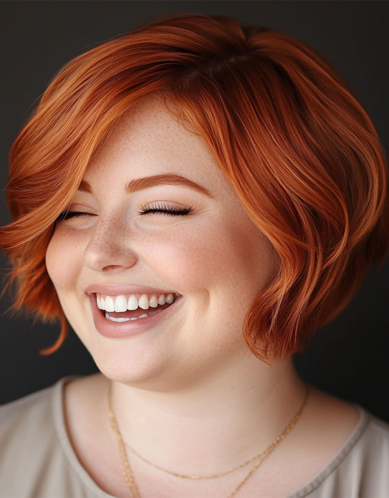 Vibrant Ginger Bob for a Fun, Flirty Look, Flattering Short Haircuts for Chubby Women, Chic Short Haircuts for Plus-Size Women, short haircut for round faces, short haircuts for full faces, Best Short Hairstyles for Chubby Faces